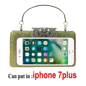 Detailed size comparison of the gold sequined evening clutch with an iPhone 7 Plus