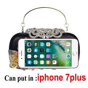 Black evening clutch bag with sequins, rhinestones, and floral detail, fits iPhone 7 Plus