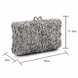 Silver rhinestone evening clutch with floral crystal patterns and 19x11.5x6cm dimensions