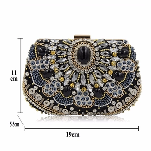 Detail of beaded evening clutch with black gemstone and 19x11x5.5cm size dimensions