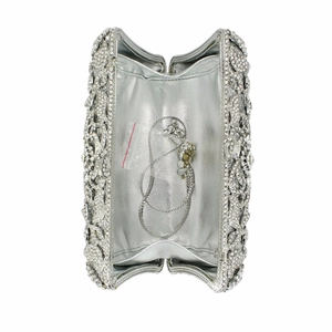 Silver hollow out metal evening clutch bag with sparkling rhinestones and chain strap