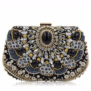Evening Clutch Bag Handmade Bead Embroidery Rhinestone Gemstone Vintage Luxury For Women Party Wedding Chain Metal Frame