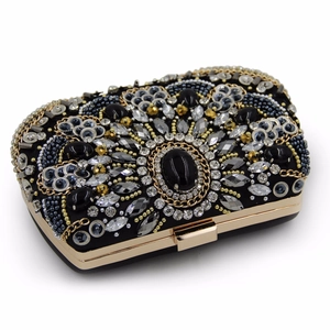 Vintage black beaded evening clutch bag with handcrafted rhinestones and gold frame