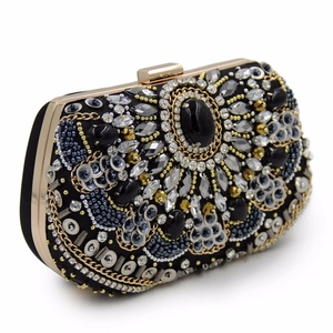 Handcrafted vintage beaded black clutch bag with sparkling rhinestones and black gemstones