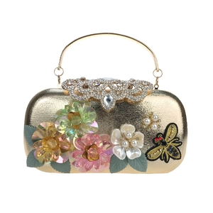Elegant gold evening clutch with 3D sequin flowers, bee embroidery and rhinestone handle