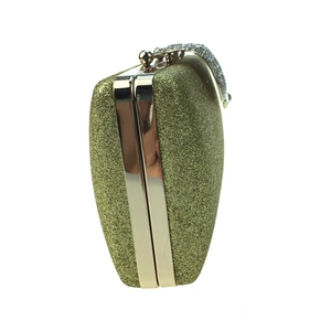 Elegant gold glitter evening clutch bag with rhinestone crown clasp and metal frame