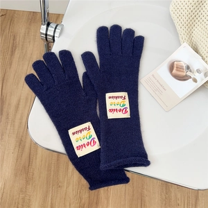 Detailed close-up of navy blue knit gloves with stylish white embroidered textile label