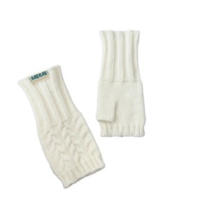 White cable knit fingerless gloves with extended ribbed cuffs and woven brand label