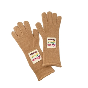 Cozy camel knit winter gloves for men and women with colorful fashion label tag