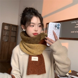 Detail of color-block knit scarf with woven label in moss green, ginger, and brick red