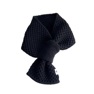 Short black knitted cross scarf with waffle texture and warm winter thermal material