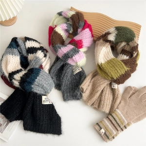 Winter chunky knit scarf and gloves set in three colorways on a white background
