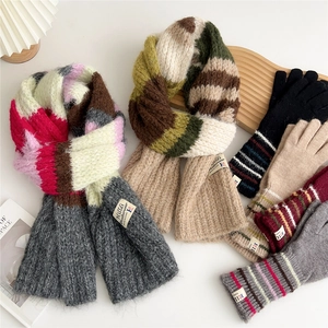 Thick Knit Color Block Scarf Striped Gloves Winter Warm Soft Outdoor Accessories Japanese Korean Style Women Men