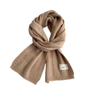 Minimalist soft knit khaki scarf for women with emo tag and chunky ribbed texture