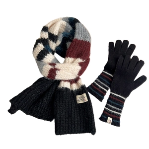 Winter striped knitted scarf and glove set with thick multicolor stripes for warmth