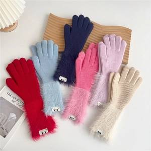 Knit Winter Gloves Women Faux Fur Cuffs Touchscreen Fingerless Thickened Warm Solid Color Soft Outdoor Cycling Thermal