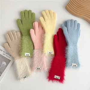 Colorful winter thermal knit gloves for women with faux fur cuffs and touchscreen fingertips