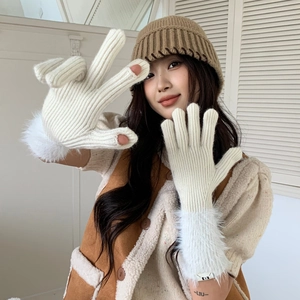 Winter thermal knit gloves with plush trim and touchscreen finger openings in off-white