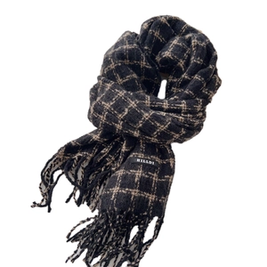 Cozy black and khaki plaid knit scarf with tassel fringe for autumn and winter warmth