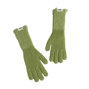 Grass green knitted winter gloves with plush cuffs and touch screen function for women
