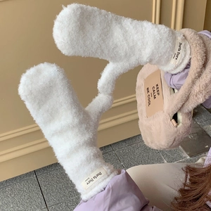 Detailed view of white teddy plush mittens with branding label and warm texture