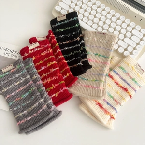 Fingerless Gloves Knitted Winter Warm Arm Warmers Colorful Stripes Soft Thermal Fashion Writing Mittens For Women
