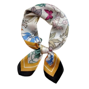 Cream silk square scarf with floral butterfly prints and geometric border in a bow knot style