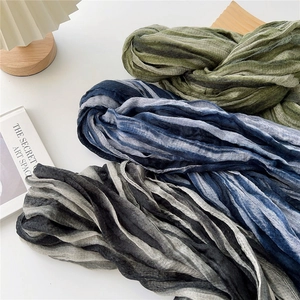 Pleated striped cotton linen scarves in green, blue, and black for women fashion