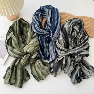 Women Long Scarf Pleated Crinkle Texture Gradient Stripe Cotton Linen Feel Lightweight Elegant Shawl Wrap Fashionable