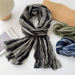 Striped pleated gradient scarf for women in cotton linen feel with chic aesthetic