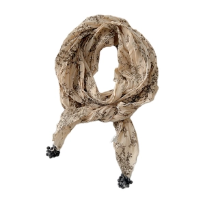 Écharpe en coton lin beige avec imprimé floral marron et bordure à pompons gris chic