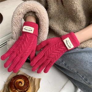 Detail of rose pink cable knit gloves with brand tag in a cozy winter lifestyle setting