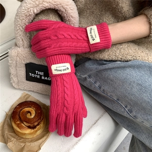 Detail of bright pink cable knit gloves with warm wool texture and woven brand label