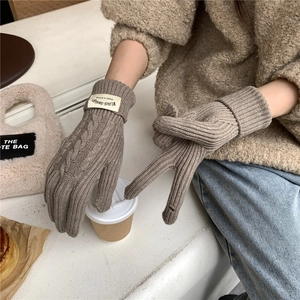 Detail of warm cable knit gloves in taupe with ribbed cuffs and decorative label