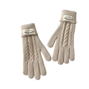 Winter thermal cable knit gloves in cream white with touchscreen design and ribbed cuffs