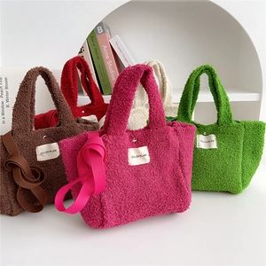 Chic sherpa fleece tote bags in five vibrant colors with magnetic snap and shoulder straps