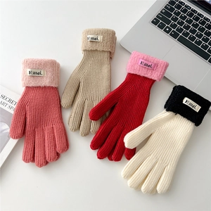 Women Winter Knitted Gloves Contrast Color Plush Cuffs Warm Full Finger Thick Thermal Outdoor Cold Weather Elastic Fashion