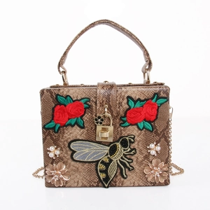 Sac à Main Boîte Cuir PU Imprimé Serpent Strass Künstliche Perle Broderie Abeille Fleur Oiseau Serrure Or Chaîne Bandoulière Femmes