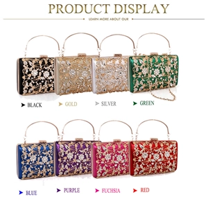 Luxurious hollowed metal clutch bags with rhinestones shown in eight elegant colors