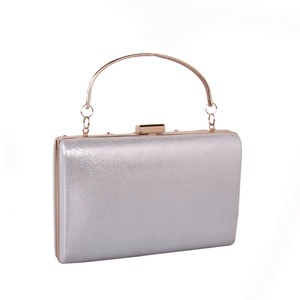 Silver glitter evening bag with rose gold metal ring handle and rectangular hard shell