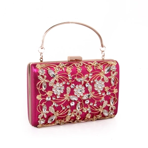 Exquisite gold hollow floral evening clutch bag with sparkling rhinestones in rose red