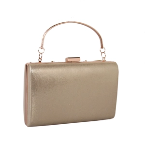 Detailed shot of champagne gold glitter clutch bag with rose gold metal frame and handle