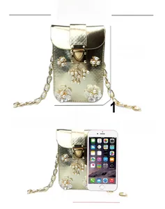 Detailed size comparison of gold pearl flower phone bag with iPhone and dimensions