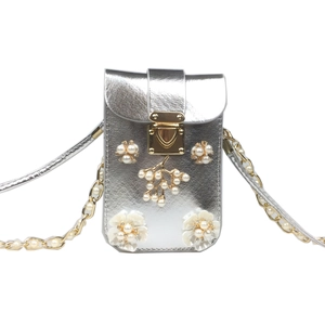 Women Metallic PU Leather Mobile Phone Crossbody Bag With Artificial Pearl Flower Decoration Rhinestone Chain Strap Party Evening