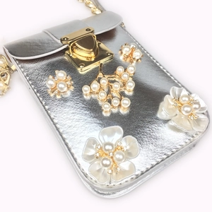 Silver mini crossbody phone bag with pearl flower embroidery and gold heart lock