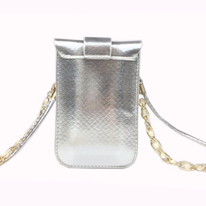 Silver metallic crossbody phone bag with pearl-studded gold chain strap on white background