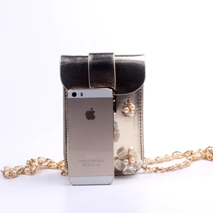 Champagne gold crossbody phone bag with floral pearl decor and detachable chain strap