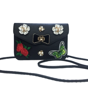 Embroidered Butterfly Rose Crossbody Phone Bag PU Leather Artificial Pearl Flower Bowknot Clutch For Women With Dual Straps
