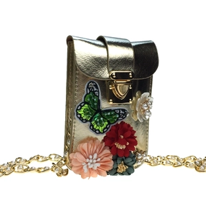 Crossbody phone bag in gold metallic leather with 3D flowers and pearl chain strap