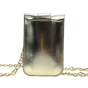 Detail of gold floral crossbody phone bag with pearl chain strap and metallic finish
